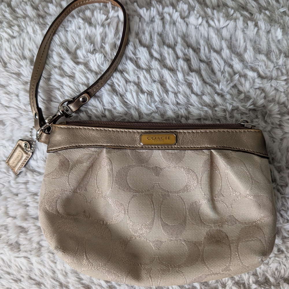 Coach Beige Signature Wristlet with Gold Trim